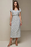 White Blue Printed V-Neck Bodycon Long Wedding Guest Dress